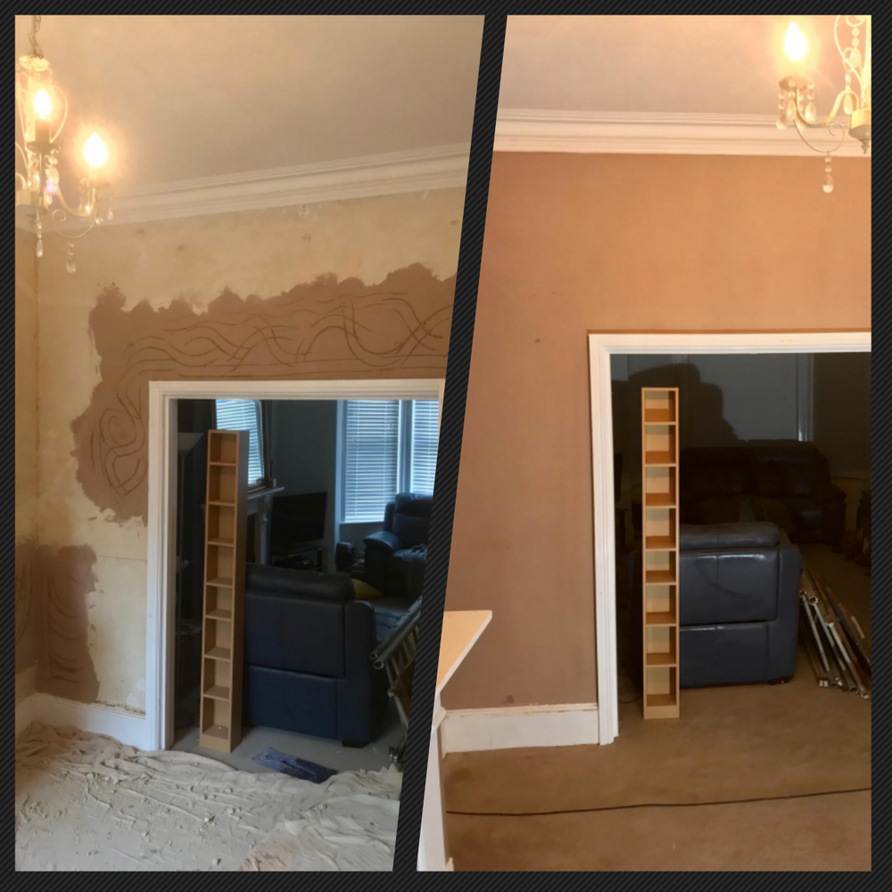 Living room with feature recess, before and after