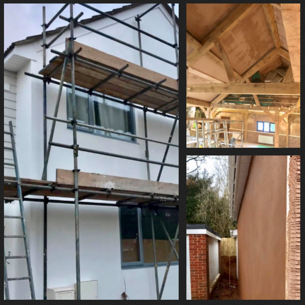External rendering and timber-frame ceiling work